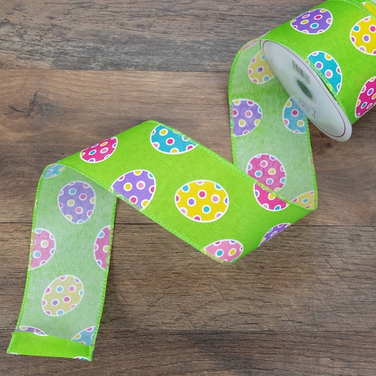 2.5" x 10yd. Green Easter Egg Design Wired Spring Craft Ribbon